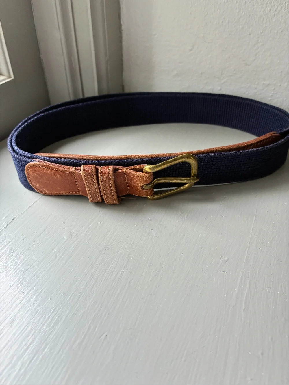 Coach Belt Navy Blue Linen Leather Brass Buckle Sz 42 Surcingle Style 3811